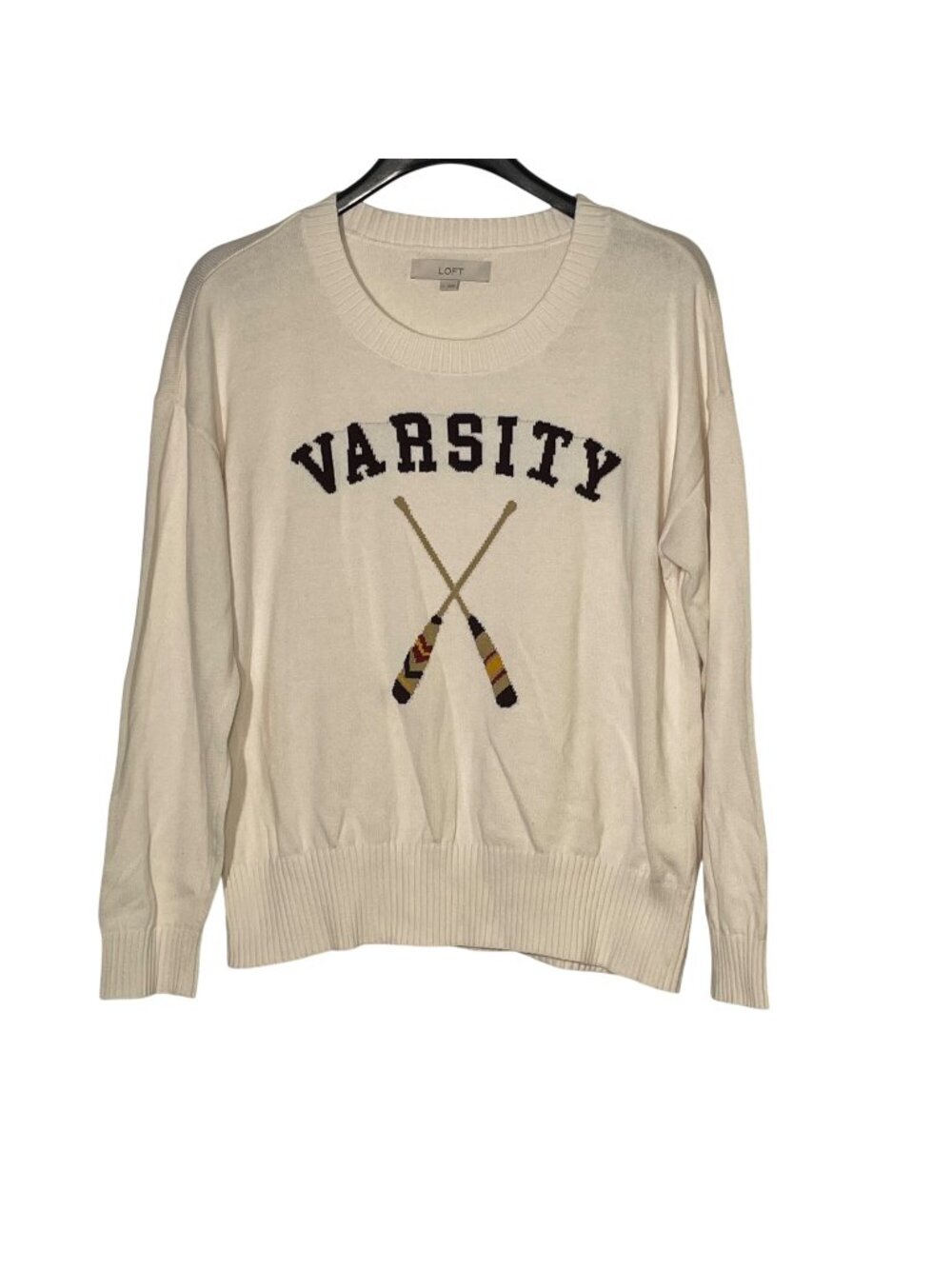 LOFT Varsity Rowing Sweater Ivory Sz LG Academia Preppy